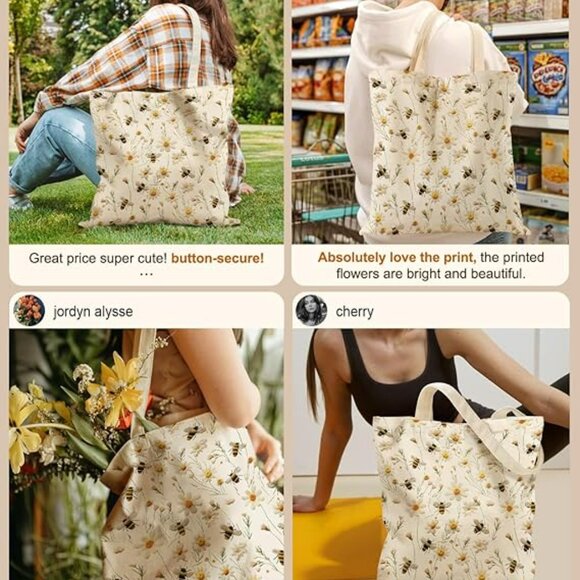 Floral Bumble Bee Canvas Tote Bag with Pockets - Aesthetic Reusable Totes - Picture 3 of 6